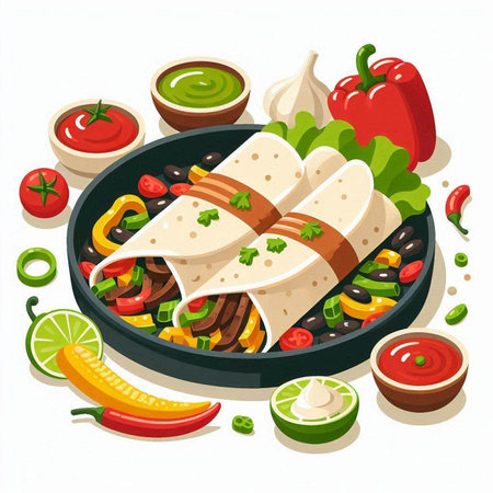 Mexican burritos with vegetables and sauce. Vector illustration.のイラスト素材