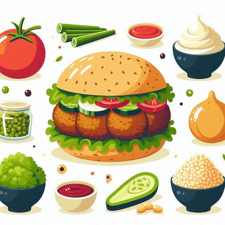 Illustration of fast food set with hamburger, tomato, onion, cucumbernnaise and sauceのイラスト素材
