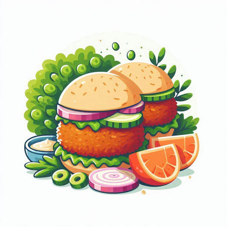 Fast food vector illustration of hamburgers with onion, tomato, cucumber, lettuce and sauceのイラスト素材
