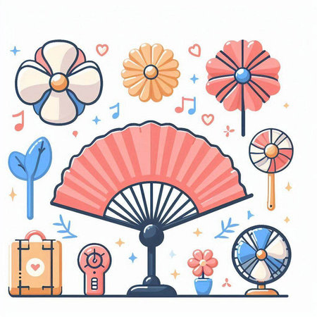 Folding fan with floral elements, hand drawn vector illustration in cartoon styleのイラスト素材
