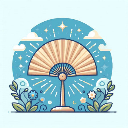 Folding fan with flowers and stars in the sky. Vector illustration.のイラスト素材