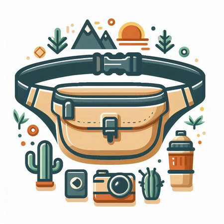 Vector illustration of travel bag with camera, coffee cup, cactus and mountains.のイラスト素材