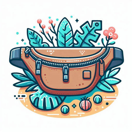 Hand drawn vector illustration of a women's purse with leaves and shellsのイラスト素材