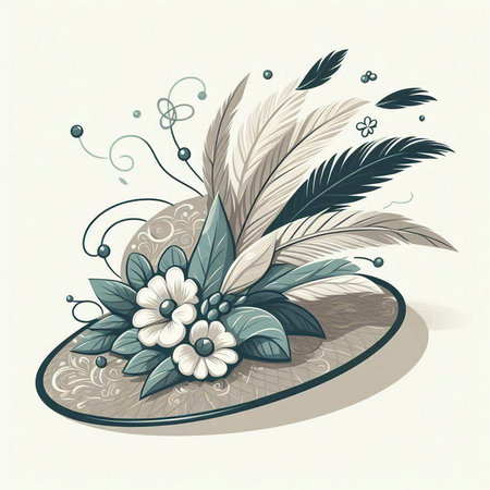 Hand drawn vector illustration of a hat with feathers and flowers. Vintage style.のイラスト素材