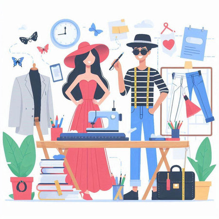 Fashion designer man and woman working with sewing machine. Vector illustrationのイラスト素材
