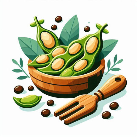 Soybean pods in wooden bowl with wooden spatula. Vector illustration.のイラスト素材