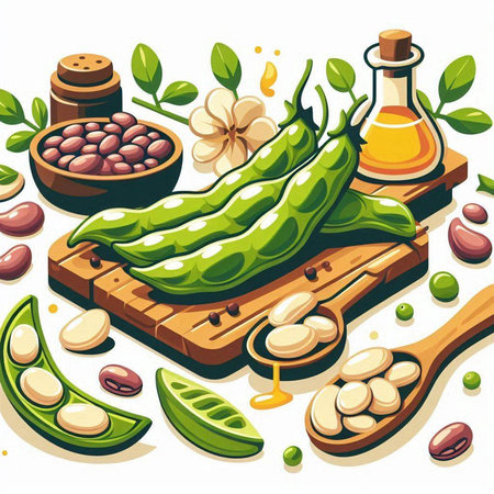 Vector illustration of broad beans in wooden spoon and soybean oil.のイラスト素材