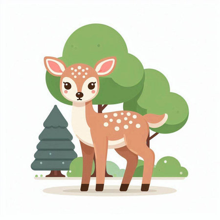 Cute fawn in the forest. Vector illustration on white backgroundのイラスト素材