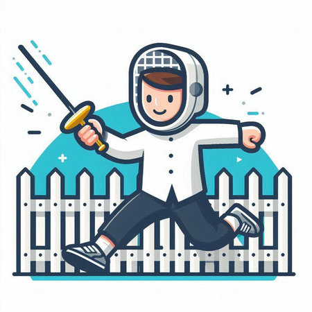 Fencing player on the background of fence. Vector flat illustration.のイラスト素材