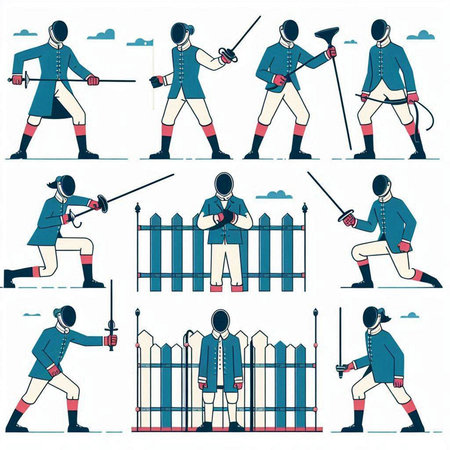Fencing. Set of vector illustrations in a flat style. The illustration on a white background.のイラスト素材
