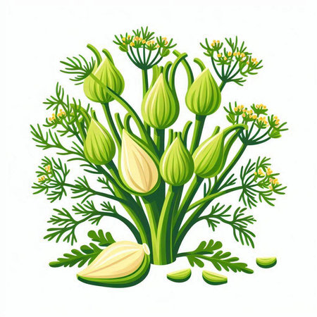 Illustration of a bunch of dill and garlic on a white backgroundのイラスト素材