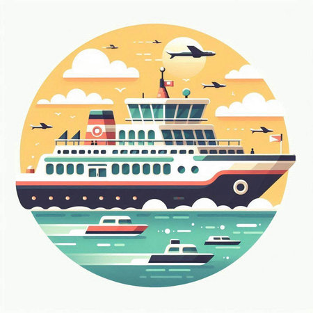 Cruise ship in the sea. Vector illustration in flat style.のイラスト素材