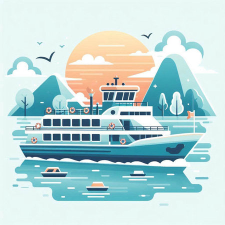 Cruise ship on the sea. Vector illustration in flat style.のイラスト素材