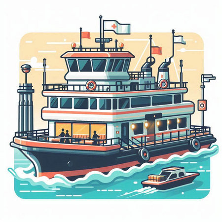 Ferry on the water. Vector illustration in flat design style.のイラスト素材