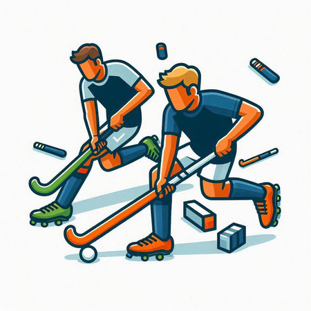 Cartoon illustration of two hockey players with hockey stick and puck.のイラスト素材