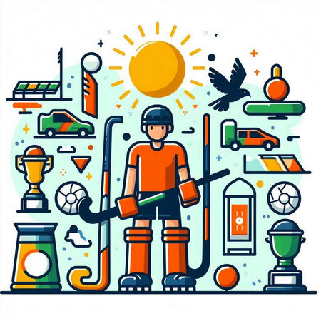 Vector illustration of sport equipment in flat line style - hockey, football, soccer, ice hockey, hockey, hockey, hockey, hockey, ice hockey, hockey player.のイラスト素材