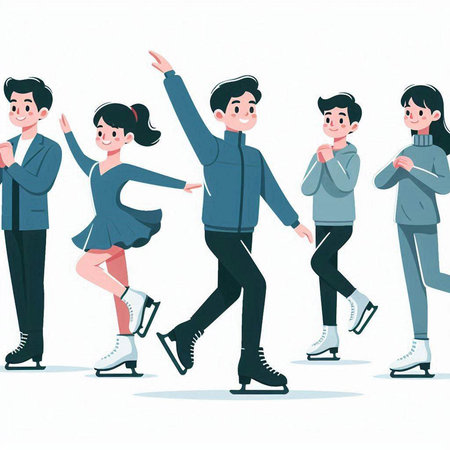 Group of people skating on ice. Vector illustration in cartoon style.のイラスト素材