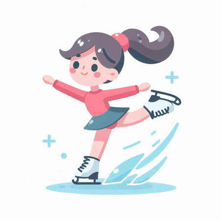 Cute little girl skates on ice. Vector illustration in cartoon style.のイラスト素材