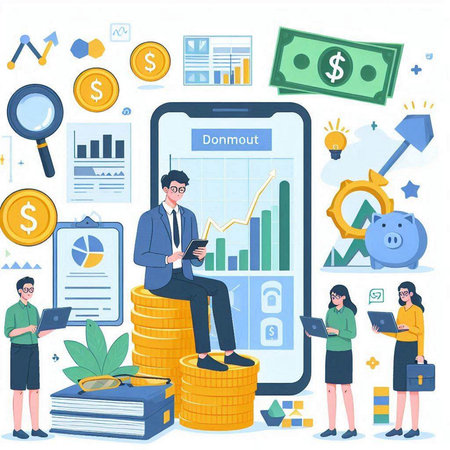 Businessman sitting on a pile of coins, business people working with laptops and mobile phone. Flat design vector illustration.のイラスト素材