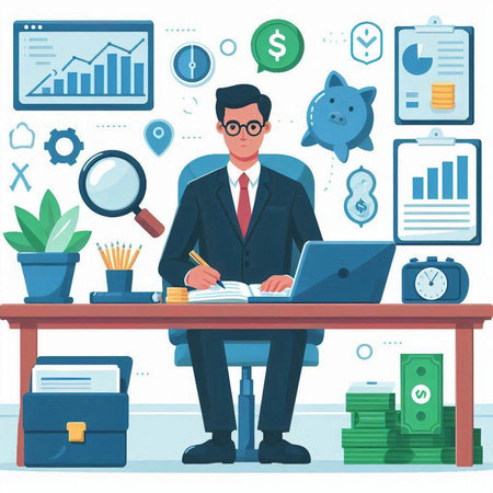 Businessman working in office. Vector illustration in flat cartoon style.のイラスト素材
