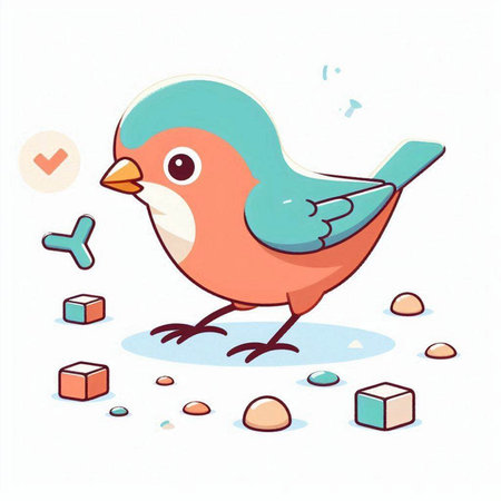Illustration of a cute little bird on the ground with geometric shapesのイラスト素材