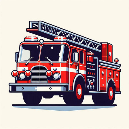 Fire engine. Cartoon vector illustration. Vintage style. Hand drawn.のイラスト素材