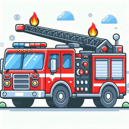 Fire engine. Vector illustration of a cartoon firetruck with a burning fire.のイラスト素材