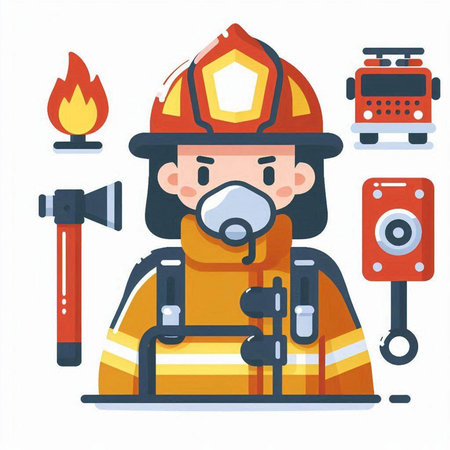 Firefighter with fire extinguisher and axe. Flat style vector illustration.のイラスト素材