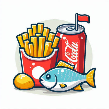 Illustration of a Soda Can with a Fish and Potato Chips.のイラスト素材