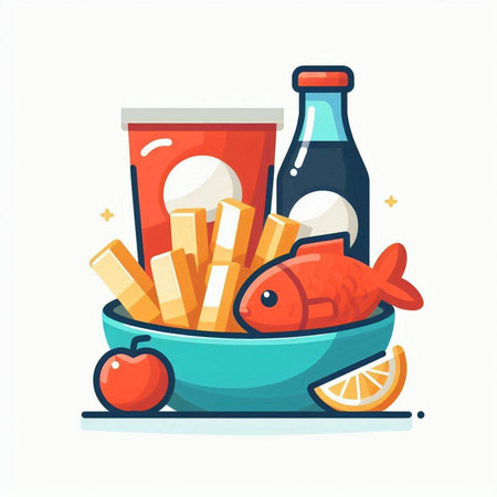 Vector illustration of a bowl full of food and drinks. Flat style.のイラスト素材