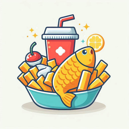 Fried fish with lemonade and chips in bowl. Vector illustration.のイラスト素材