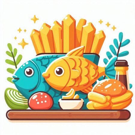Fish with french fries and sauce. Vector illustration in cartoon style.のイラスト素材