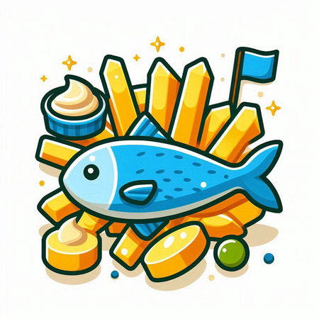 Illustration of a cartoon fish with french fries and mayonnaiseのイラスト素材