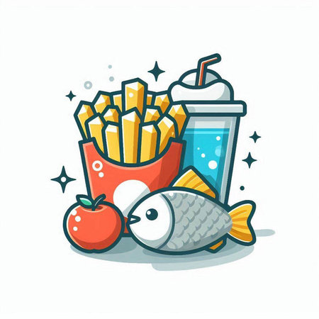 Fried fish with french fries and cola. Vector illustration.のイラスト素材