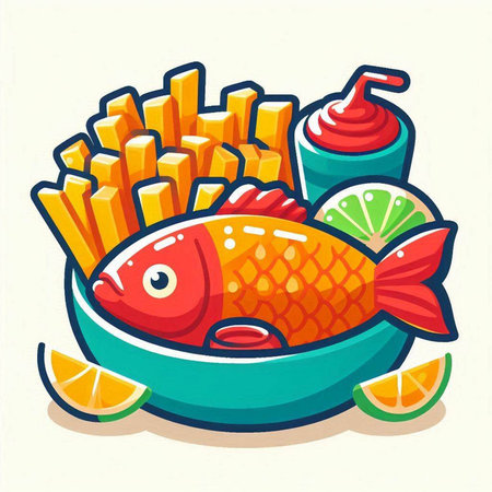 Fried fish and french fries in a bowl. Vector illustration.のイラスト素材