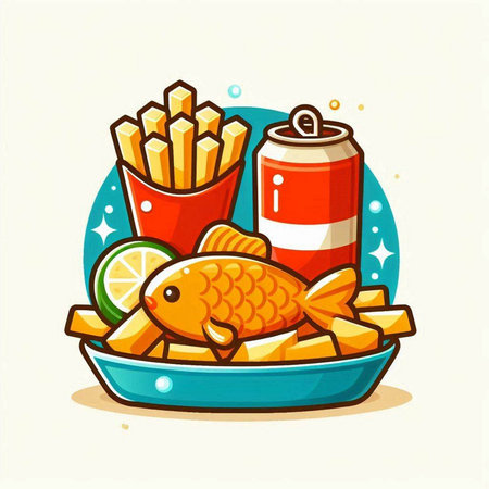 Fried fish, chips, lemon, soda can. Vector illustration.のイラスト素材