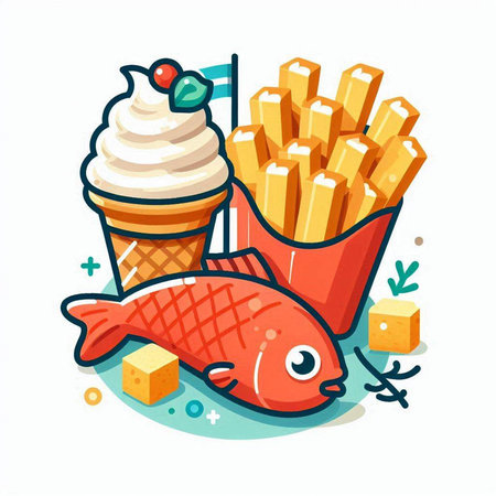 Fried fish with ice cream and french fries. Vector illustration.のイラスト素材