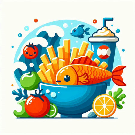 Fried fish in a bowl with vegetables and fruits. Vector illustrationのイラスト素材