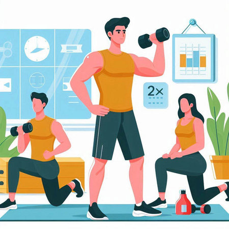 Fitness club. People workout in gym. Vector illustration in flat styleのイラスト素材