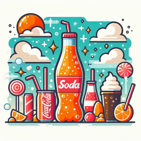 Colorful vector illustration of a bottle of soda, ice cream, lollipops, ice cream, lemonade.のイラスト素材