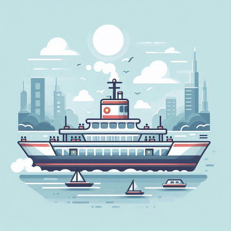 Ferry in the city. Vector illustration in flat design style.のイラスト素材