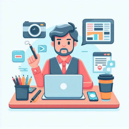 Businessman working in office. Vector illustration in flat design style.のイラスト素材