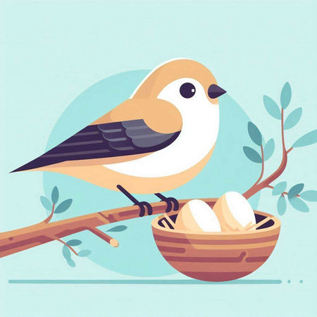 Easter card with bird and eggs. Vector illustration in flat styleのイラスト素材