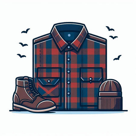 Vector illustration of a plaid shirt with boots, binoculars and a baseball capのイラスト素材
