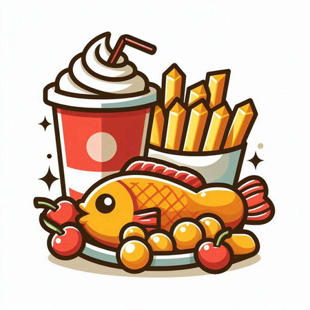 Fried fish with french fries and cola. Vector illustration.のイラスト素材