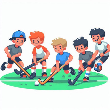 Group of kids playing hockey on green field. Cartoon vector illustration.のイラスト素材
