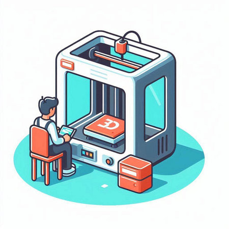 3d isometric flat vector illustration. A man sits on a chair in front of a 3d printer.のイラスト素材