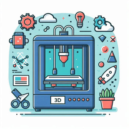 3d printer in flat line style. Modern vector illustration for web, site, advertising, banner, poster and print.のイラスト素材