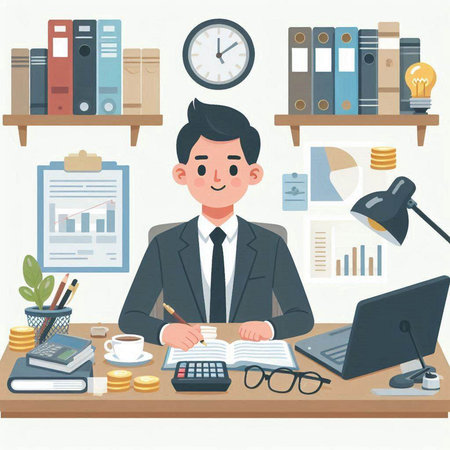 Businessman working in office. Vector illustration in flat cartoon style.のイラスト素材