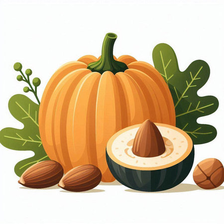 Pumpkin with nuts and leaves on a white background. Vector illustration.のイラスト素材